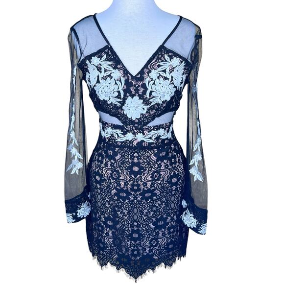 Sugar + Lips Black Sheer Lace Dress with Sheer Cut-Outs & Embroidery XS NWT - Picture 1 of 16